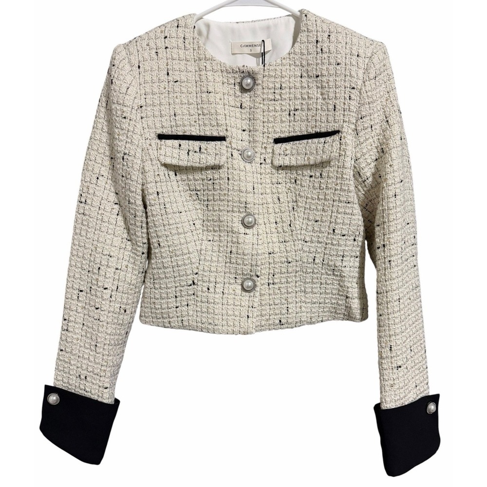 Commense Contrast Cuff Pearl Button Tweed Jacket Apricot Women's Size Small